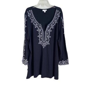 J Jill Navy Blue Embroidered 3/4 Sleeve Tunic Boho